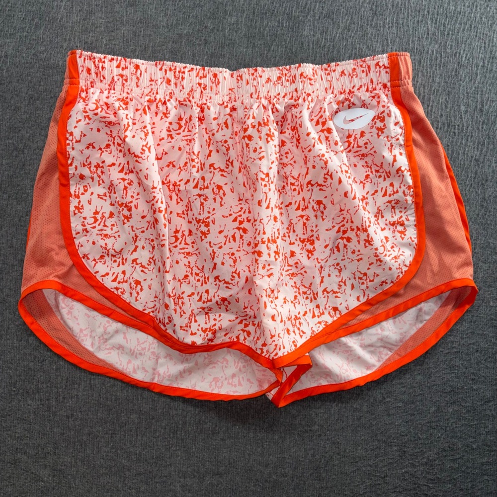 Nike Dri-FIT Tempo Running Shorts Womens Large Orange White Splatter Print Mesh
